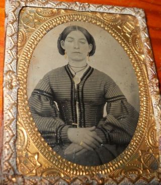 Antique 1/9th Plate Tintype Photo Of Girl In Brass Frame