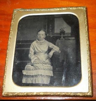 Antique 1/6 Plate Tintype Photograph Pretty Young Girl With Brass Frame