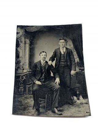 Antique Tintype Father And Son With Spaniel Dog Photograph