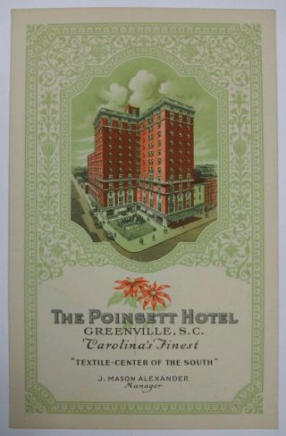 Vtg Old Postcard Advertisement The Poinsett Hotel In Greenville,  South Carolina