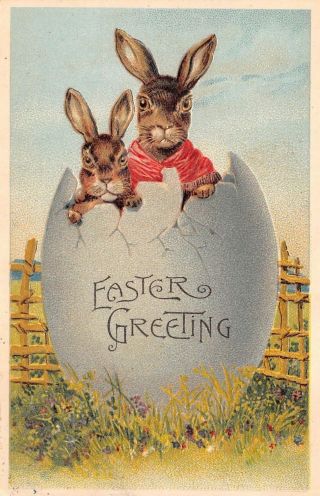 Vintage Easter Greeting Embossed Postcard Posted Scary Bunnies Rabbits