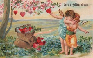 Darling Cupid Cherubs Pick Valentine Hearts From Tree Embossed Vint.  Pc Gem