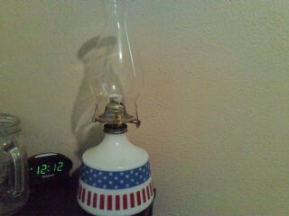 Vintage Milkglass Oil Lamp With Americvian Flag,  Red White And Blue Design