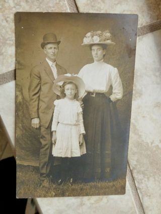 Rppc Man Woman Girl Mom Dad W Daughter Great Hats Antique Real Photo Postcard