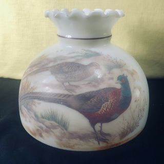 Vintage Opal Glass Student Oil Lamp Shade Pheasants Scene Nature 10” Inch Fitter