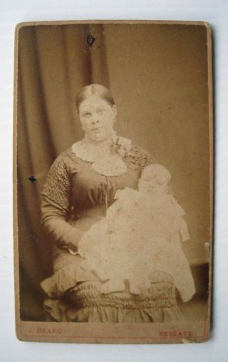 Cdv: Portrait Of Young Mother & Baby Ruched Dress - J Beard Reigate Surrey