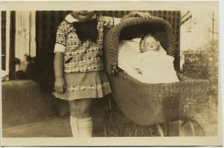 Bad Crop Little Girl W Exquisite Doll In Wicker Vintage Baby Carriage