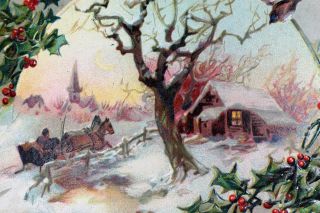 C.  1908 Vintage Raphael Tuck Embossed No.  100 Christmas Joy Postcard Horse Sleigh