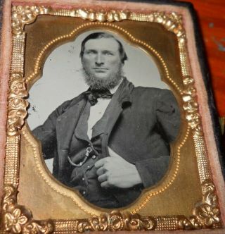 Antique Ruby Ambrotype Photo 1/9th Plate Portrait Of A Man In Half Case
