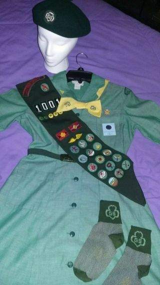 Vintage 1960s Girl Scout Uniform - Dress/sash/badges & Pins/beret/tie/belt/socks