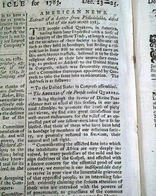 Early Slavery Slaves Held In Bondage Quakers Want Freed 1783 British Newspaper