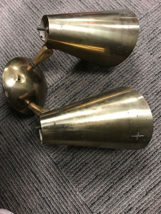 Vintage Mid Century Modern Pierced Brass Double Cone Bullet Wall Sconce Light
