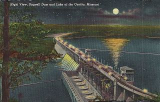 Night View,  Bagnell Dam And Lake Of The Ozarks,  Missouri Vintage Linen Postcard