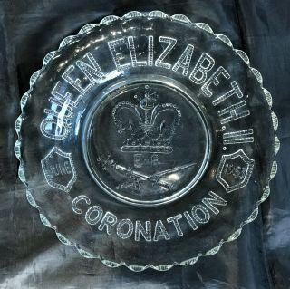10 " Vintage 1953 Queen Elizabeth Coronation Souvenir Plate: Clear Glass Crystal