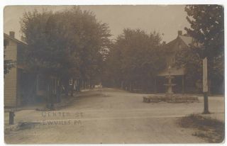 Vintage 1910 Real Photo Postcard Rppc Center Street And Fountain Newville Pa.