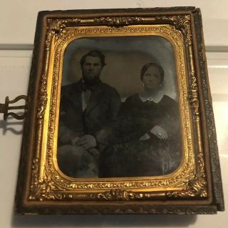 1850 - - 60s 1/6th Plate Ambrotype Husband And Wife W/ Half Case