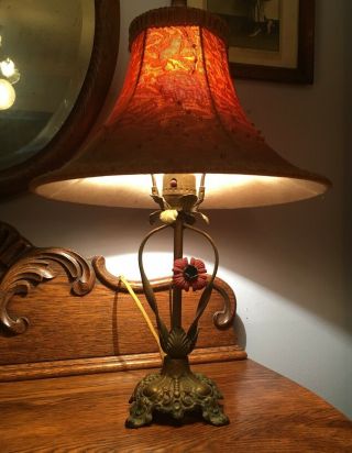 Antique 1920 ' s Arts and Crafts painted iron table lamp with a great shade 5