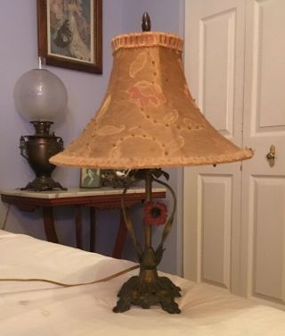 Antique 1920 ' s Arts and Crafts painted iron table lamp with a great shade 7