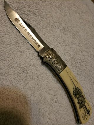 1 Nra Life Member Vtg Guttman Expl Scrimshaw Pocket Knife,  G.  Sakai,  Seki,  Japan