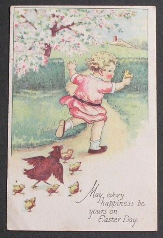 Mama Hen Chases Little Girl Taking Baby Chick Easter Spring Blossoms Postcard