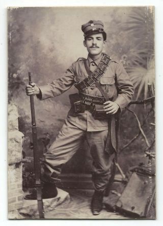Greece Hellenic Army Greek Armed Soldier With Rifle Old Studio Photo