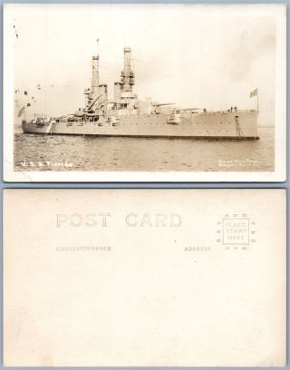 U.  S.  S.  Florida Military Ship Antique Real Photo Postcard Rppc