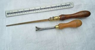 Vintage Beech & Brass Pad Saw Handle C/w Good Blade & Tack Lifter Tool