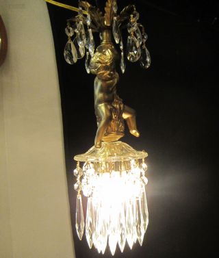 Cherub Hanging Lamp Chandelier Metal Gold Tone Pressed Glass Clear Prisms