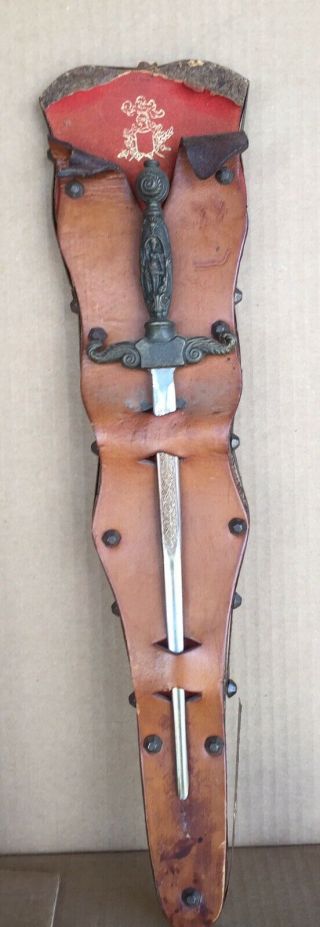 Vintage Metal 12 " Letter Opener Sword With Leather Holder Lqqk
