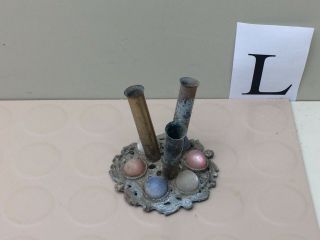 Vintage Small Metal/brass Pen Holder W/ Red White Blue Marbles