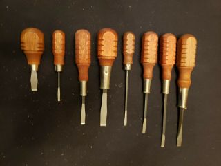 Set Of 8 Vintage Wood Handled Screwdrivers All Flat Head Standard