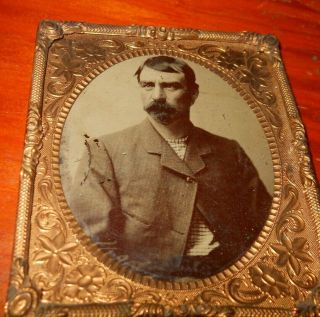 1/6th Plate Tintype Photo Of Man In Brass Frame