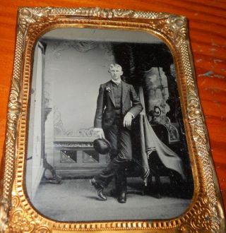 Very Tall Young Man Antique 1/6th Plate Tintype Photo In 1/4 Plate Brass Frame