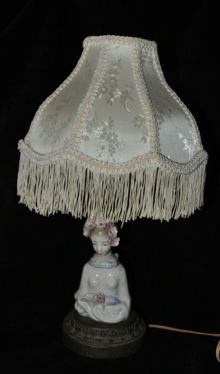 Vintage Cordey Porcelain Woman Bust Boudoir Table Lamp Victorian Fringe Shade