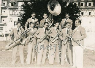 Dapper Mens Band Wth Tuba,  Bass Sax,  Saxophones,  Bassoon Old Rppc Music Photo