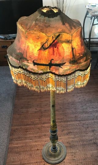 Antique Hand Painted Asian Design W Beaded Fringe Lamp Shade.