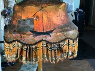 Antique Hand Painted Asian Design W Beaded Fringe Lamp Shade. 2