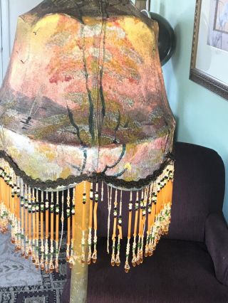 Antique Hand Painted Asian Design W Beaded Fringe Lamp Shade. 6