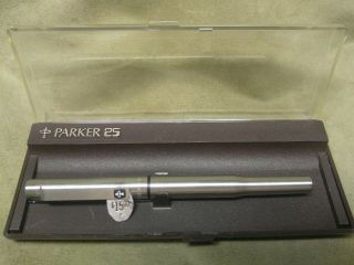 Parker 25 Stainless Steel Fountain Pen Black Logo W/converter & Box