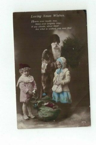 Antique Christmas Photo Post Card Robed Santa Little Girls Pack Of Toys
