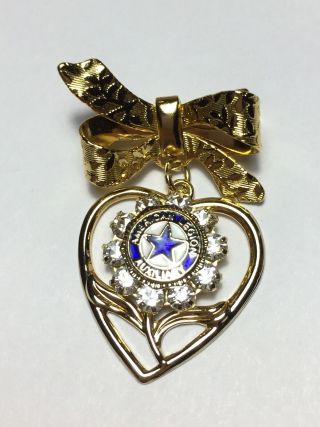 Vintage American Legion Auxiliary Rhinestone Bow Heart Gold Tone Brooch/pin 1.  5 "
