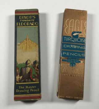 2 Boxes Of Vintage Pencils - Dixon Typhonite Eldorado Eagle Blue 2h Partials