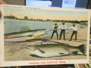 Vintage Old Postcard Michigan Greetings From Lawton Giant Huge Fish Catch Fisher