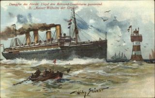 Nordd Lloyd Bremem Steamship Kaiser Wilhelm Der Grosse & Lighthouse Stower