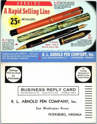 1940s 2 - Panel Folding Linen Advertising Postcard R.  L.  Arnold Pen Company