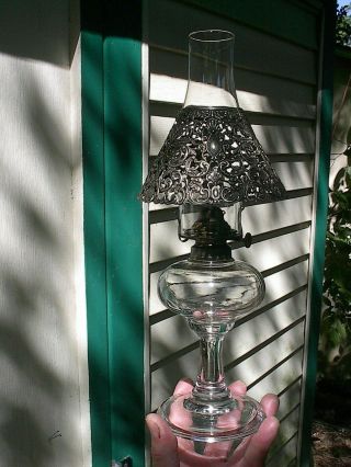 Old Small 0 Size 1860s Antique Pedestal Oil Lamp W/ornate Silver Plated Shade