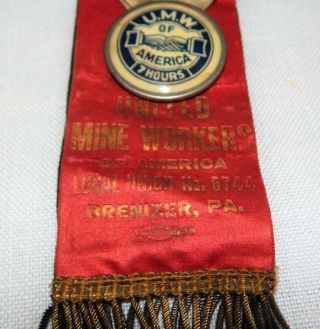 Vintage UMWA United Mine Workers of America 7 Hours Badge & Ribbon Brenizer PA 3