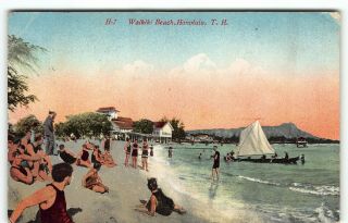 H7 Waikiki Beach From Outrigger Canoe Club Honolulu Eh Mitchell Postcard Hawaii