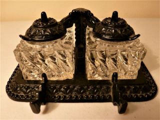 Victorian Style Cast Iron Double Inkwell With Glass,  Lidded W/ Pen Stand,  Ornate