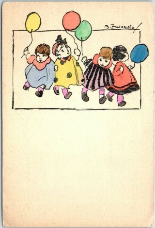 Vintage Artist - Signed Zandrino Postcard Children W/ Balloons Hand - Colored Italy
